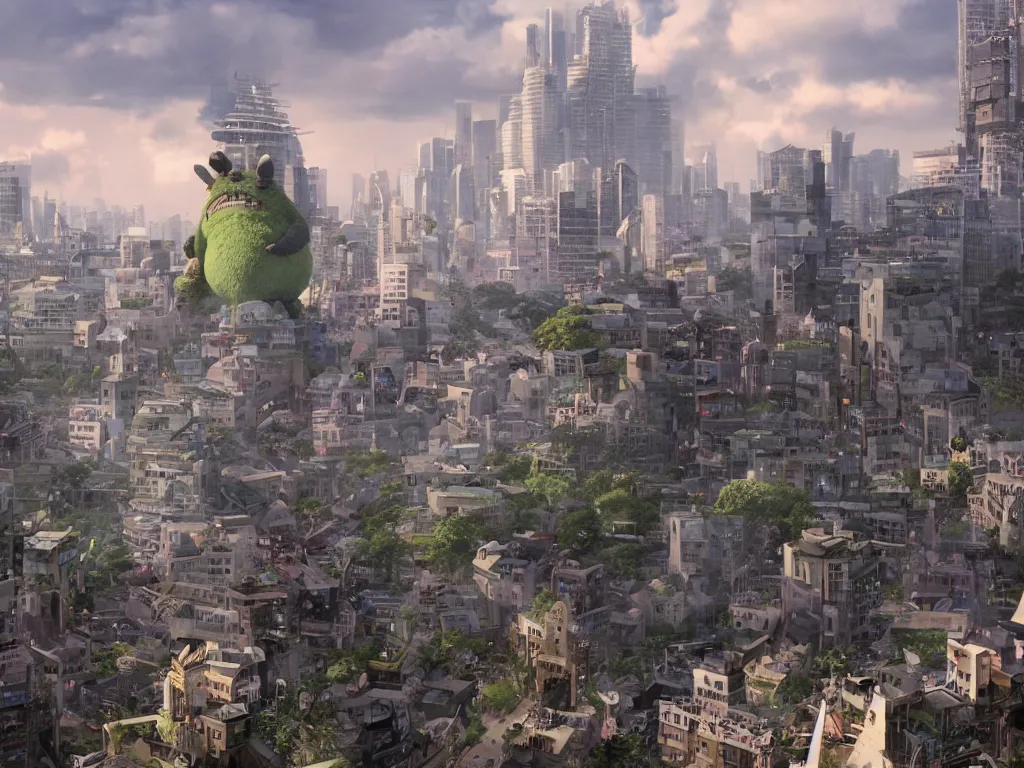 Image similar to Giant Totoro Kaiju towering over a city as people run away, photo realistic, movie still, 4k, 8k, action film