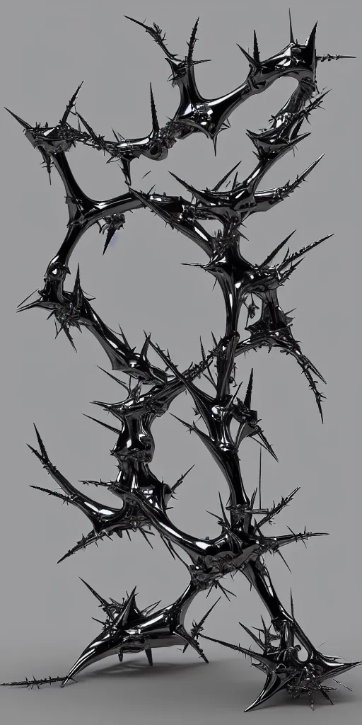 Image similar to 3 d render of a chrome torii gate sculpture, chrometype, made of liquid metal, neotribal with thorns and thunders, hyper realistic, volumetric lightning, 8 k, by zhelong xu