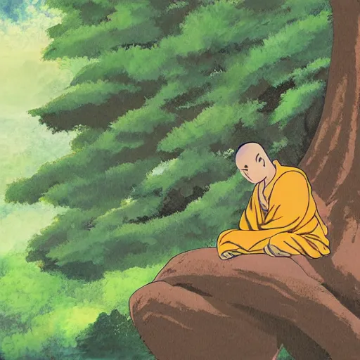 Image similar to Meditating Buddhist monk sat at the base of a large tree on top of a green hill artwork by studio Ghibli