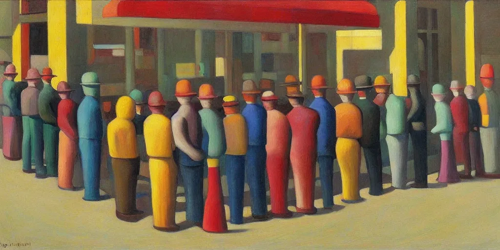 Image similar to robots queue up for ice cream, grant wood, pj crook, edward hopper, oil on canvas