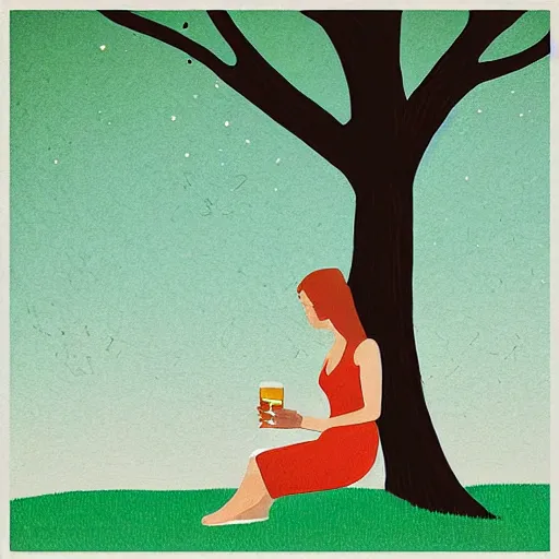 Image similar to “ girl drinking a beer under a tree, illustration by evan m. cohen ”