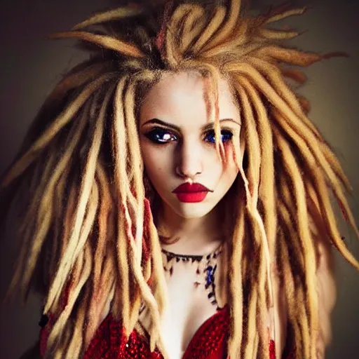 Prompt: photography flawless beautiful instagram female with blonde and red dreadlocks in a black ballgown, dark, piercing eyes, exotic expression, esoteric clothing, photorealistic, highly detailed, mysterious lighting, smooth, sharp focus, 8 0 mm camera