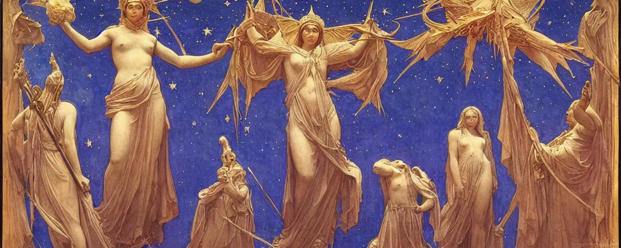 Image similar to saint woman, venus, athena, queen, by annie swynnerton and nicholas roerich and jean delville, strong dramatic cinematic lighting, ornate headdress, flowing robes, spines, flowers, stars, lost civilizations, smooth, sharp focus, extremely detailed, marble, obsidian, gold, space