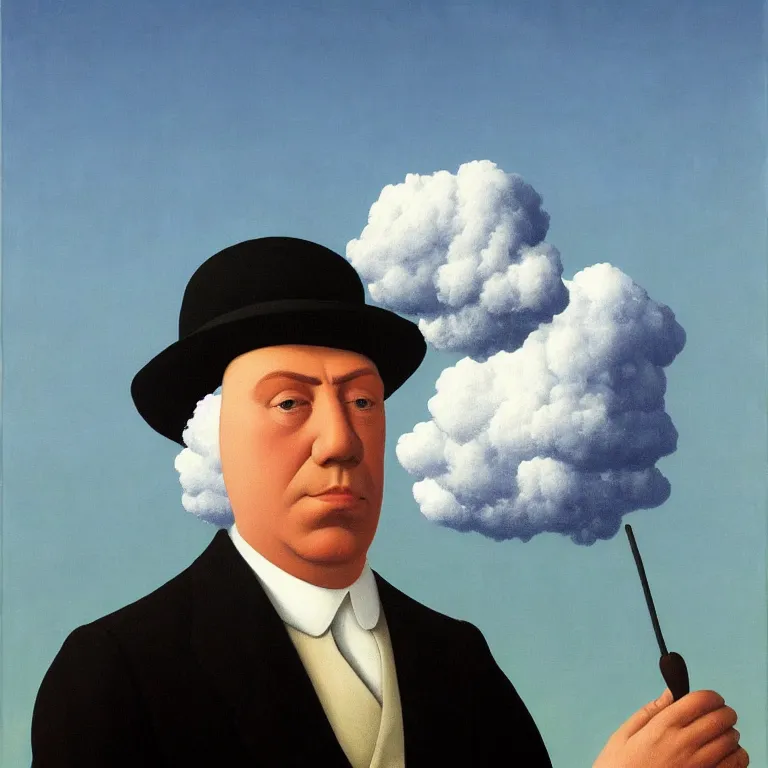 Image similar to portrait of a man whos head is hidden with a cloud, by rene magritte, detailed painting, hd, hq, high resolution, high detail, 4 k, 8 k