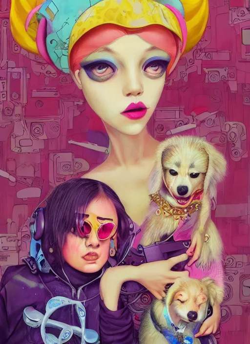 Prompt: beautiful portrait painting of a cute psychedelic lofi cyberpunk princess and her corgi assassin king chilling, by Afarin Sajedi, Alessandro Barbucci, Alex Gross, Shin Jeongho, Shohei Otomo. trending on Artstation, 8k, masterpiece, face enhance, graffiti paint, fine detail, full of color, intricate detail, golden ratio illustration