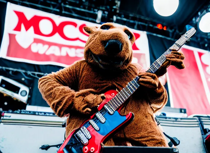 Image similar to photo still of mcgruff the crime dog on stage at vans warped tour!!!!!!!! at age 3 3 years old 3 3 years of age!!!!!!!! shredding on guitar, 8 k, 8 5 mm f 1. 8, studio lighting, rim light, right side key light