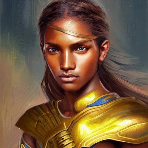 Image similar to highly detailed painting of a warrior goddess with maldivian, tan skin, blue eyes, golden armor with cape and brown hair high fantasy art by jon foster trending on arstation