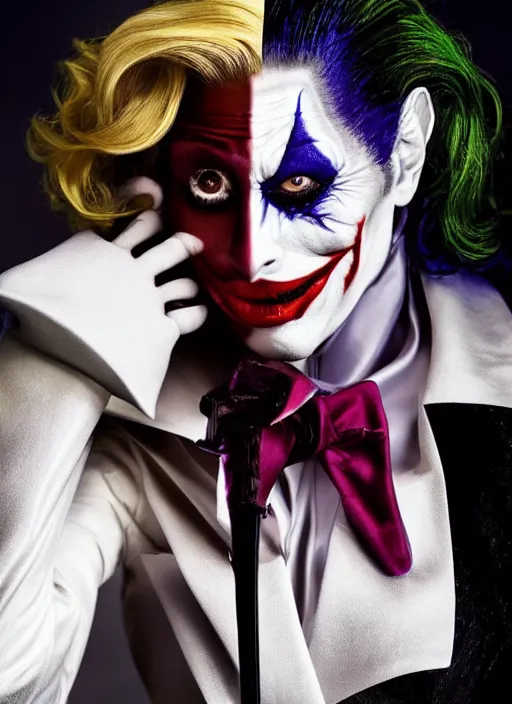 Prompt: photo of Lady Gaga as the Joker by Mario Testino, head shot, detailed, award winning, Sony a7R