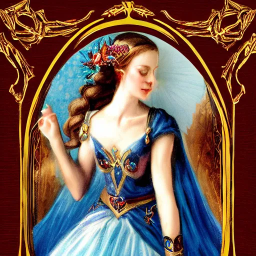 Prompt: jaw - dropping elven princess elegantly dancing in front of a ring of sapphire rose ring, ornate gold border, vignette, warm tri - color, subtle chromatic aberration, painted by francis goya