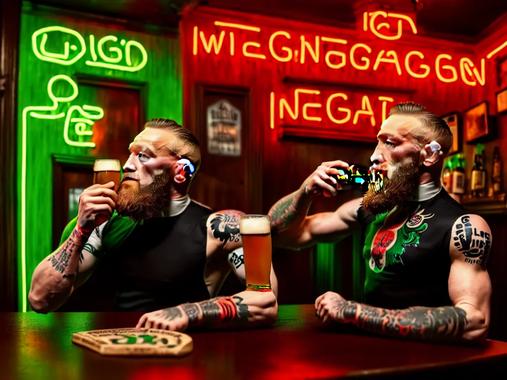 Prompt: a well framed portrait of conor mcgregor drinking a beer and smoking a cigar in an irish pub with a neon bar, laser lighting, trending on art station, in the style of the movie heat with al pacino, volumetric lighting & shadows, hyper detailed, digital art, unreal engine, 4 0 0 mm f 1. 8,