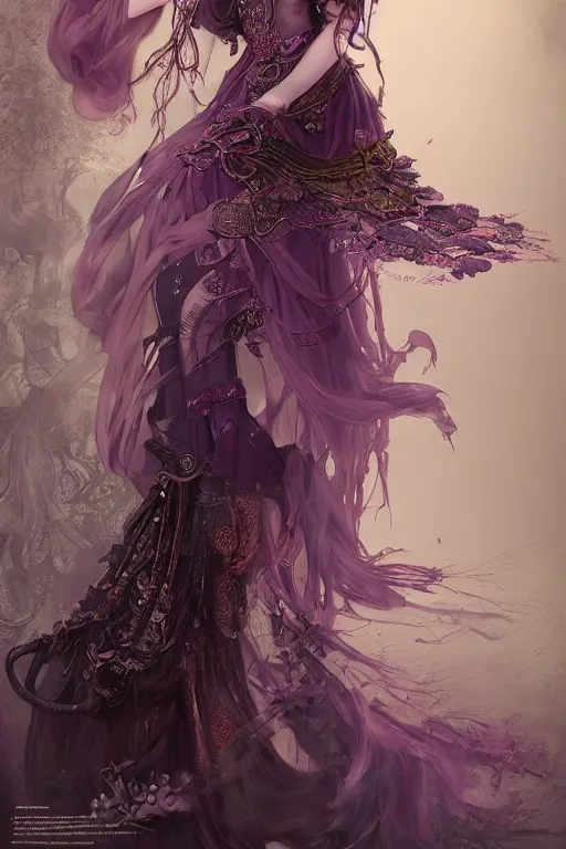 Prompt: photorealistic soft paint of absurdities and curiosities, single very beautiful asian princess full long dress, ultra deep fog, purple black lustrous thin haircut, partial symmetry accurate features, focus, very intricate ultrafine details, award winning masterpiece, steampunk world, ross tran