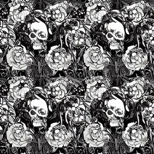 Image similar to anime manga closeup skull portrait floral detailed highres 4k intricate nature comic patterns vector illustration style by Alphonse Mucha and James Jean pop art nouveau