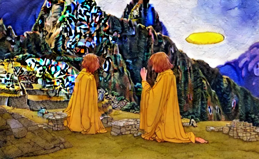 Image similar to a realistic and atmospheric watercolor fantasy concept art of a golden ufo hovering above machu pichu. in the foreground a female medieval monk in grey robes is kneeling with her hands by her sides. by rebecca guay, michael kaluta, charles vess