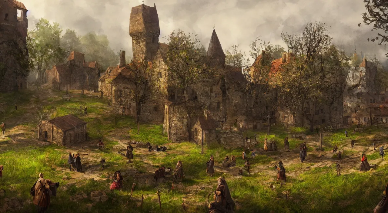 Prompt: “high quality concept art from a historical fiction video game set in Bohemia, a medieval village in a meadow near a castle, springtime, 4K HD, trending on Artstation”