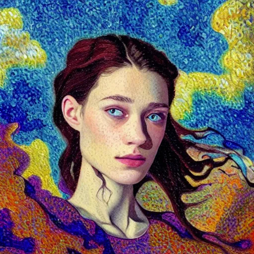 Prompt: professional painting of Astrid Frisbey in the style of Henri-Edmond Cross, head and shoulders portrait, symmetrical facial features, smooth, sharp focus, illustration, intricate, stormy weather, extremely detailed masterpiece,