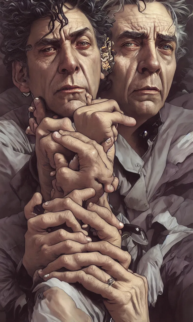 Image similar to hyper realistic portrait of rick sanchez by lee bermejo, alphonse mucha and greg rutkowski