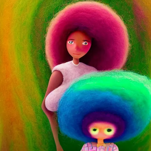 Image similar to a black girl with a colorful afro and rainbow eyes, in a candy forest! at night, bokeh, bright colours, watercolor, volumetric wool felting, macro photography, children illustration, by goro fujita