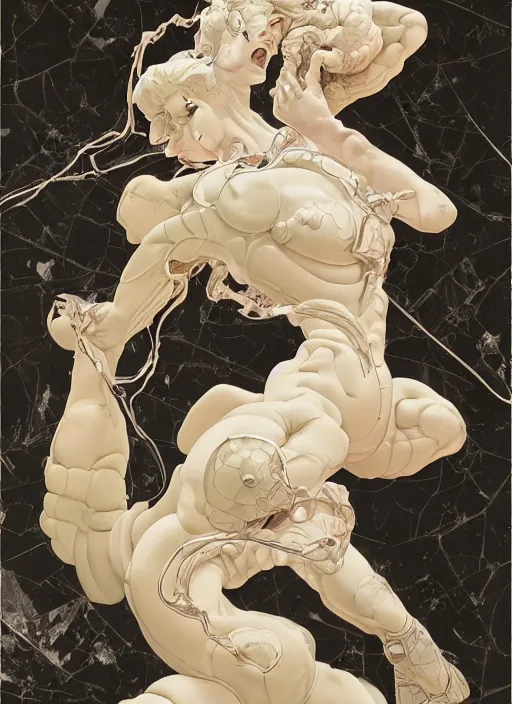 Image similar to stunning intricate render white veined marble simplified mechangel mecha demon falling angel Bernini pin-up cut cracked rock by Gil Elvgren, Katsuhiro Otomo, Greg Tocchini, Tomer Hanuka, Hiroshi yoshida, Alphonse Mucha, Kintsugi, trending artstation, hyperrealism, matte painting, very fine detail, 8k, rendered in Octane