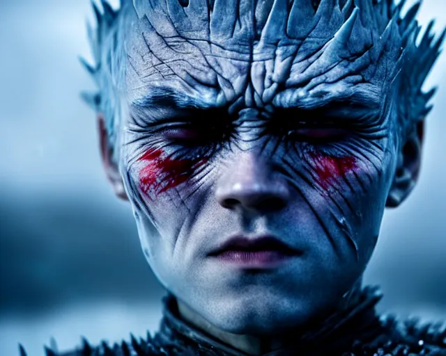 Image similar to extreme close - up eyes crying tears made of ice justin sun as night king in game of thrones, stunning tears made of ice, crimson - black bee army behind, 4 k, epic, cinematic, focus, movie still, fantasy, extreme detail, atmospheric, dark colour, sharp focus