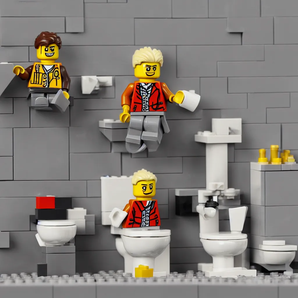 Image similar to a lego figure of a man, sitting on a toilet with his pants down. there is a stream of lego bricks coming out of his behind