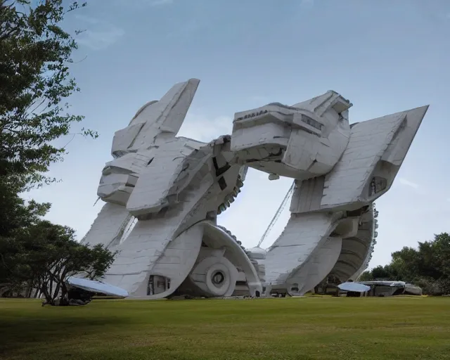 Prompt: photo of minimalist abstract cubist sculpture of curvy mecha mayan temple spaceship, covered with few large white airplane parts, gigantic size with people visiting