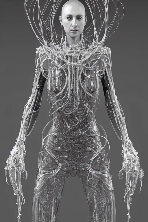 Image similar to iris van herpen, perfect symmetrical body, full body shot, inflateble shapes, wires, tubes, veins, jellyfish, white biomechanical details, wearing epic bionic cyborg implants, masterpiece, intricate, biopunk, vogue, highly detailed, artstation, concept art, cyberpunk, octane render