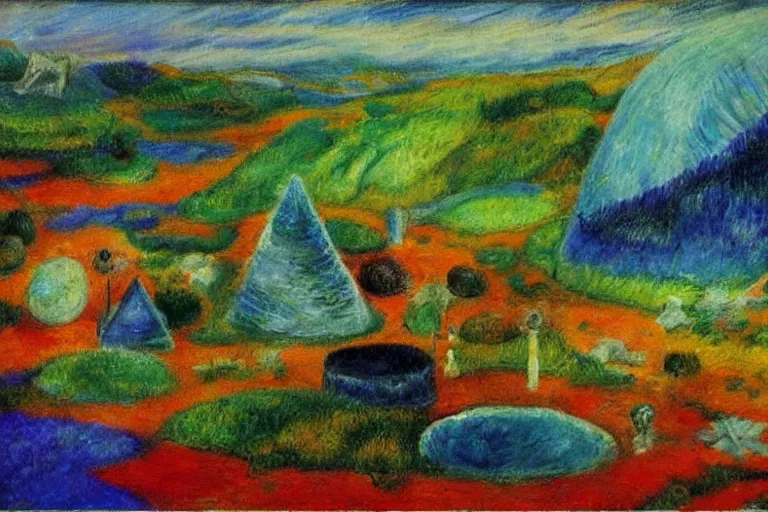 Prompt: an uncanny landscape from pikmin ( 2 0 0 1 ) painted by william james glackens