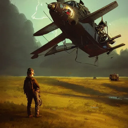 Image similar to a young pilot next to his crashed plane, steampunk, an epic fantasy, dramatic lighting, cinematic, establishing shot, extremely high detail, photorealistic, cinematic lighting, artstation, by simon stalenhag, christopher nolan