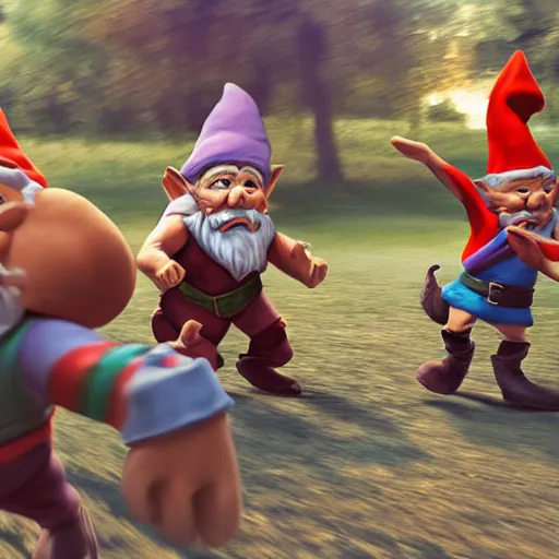 Prompt: pack of gnomes chasing a scared man with arms flailing behind him