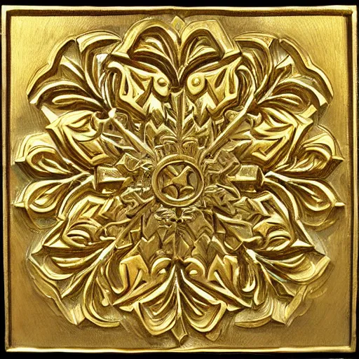 Prompt: ornate engraved carving of a snowflake on a gold panel