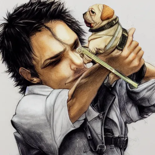 Image similar to self portrait, young white hispanic handsome man with short light brown hair and light skin and a 5 o clock shadow and holding a pug while fighting against 2 swordsmen pencil art, added detail, high definiton, colored, backfacing, illustrated by yoji shinkawa