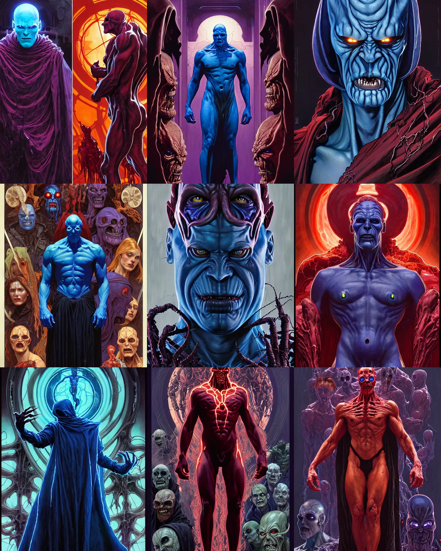 Prompt: the platonic ideal of cinemascope of cletus kasady ultimate carnage thanos dementor doctor manhattan chtulu nazgul, detailed, intricate, hyperrealism, intense, scary, decay, dmt, art by brock hofer and artgerm and greg rutkowski and alphonse mucha