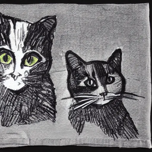 Prompt: One-line drawing on a napkin of cats and dogs living together