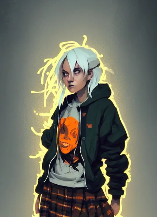 Image similar to highly detailed portrait of a sewer punk lady student, tartan hoodie, white hair by atey ghailan, by greg rutkowski, by greg tocchini, by james gilleard, by joe fenton, by kaethe butcher, gradient, orange, black, brown and cream color scheme, grunge aesthetic!!! white graffiti tag wall background