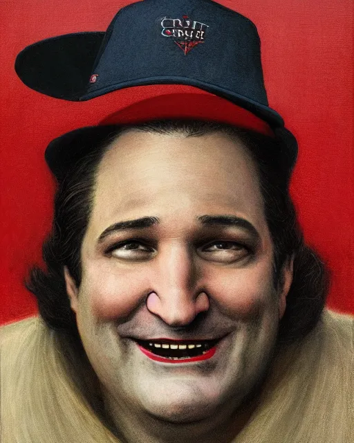 Image similar to closeup portrait of whimsical conniving ted cruz wearing a red baseball cap speaking at a convention, court jester in renaissance era, masterpiece, by donato giancola and greg rutkowski and wayne barlow and zdzisław beksinski, high contrast, realistic face