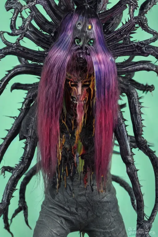 Image similar to a brutal terrifying and mysterious weird toy monster of chaos warped in horror with long rainbow - colored hair, her skin has gaps, spikes, and complex alien textures, terrifying and mysterious