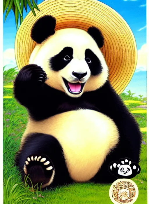 Image similar to cute panda wearing straw hat trading card design, natural lighting, path traced, highly detailed, high quality, digital painting, by don bluth and ross tran and studio ghibli and alphonse mucha, artgerm