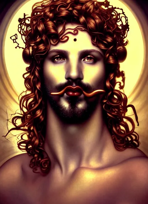 Image similar to portrait of greek god dionysus, auburn curly hair, glowing eyes, volumetric lights, goatee, feast, music notes, art nouveau botanicals, gothic, intricate, highly detailed, digital painting, artstation, concept art, smooth, sharp focus, symmetric face, illustration, steampunk, art by artgerm and greg rutkowski and alphonse mucha