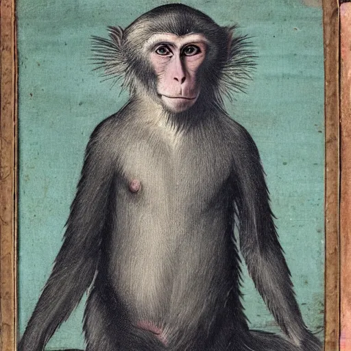 Image similar to 18th century portrait depicting a macaque aristocrat with a scepter
