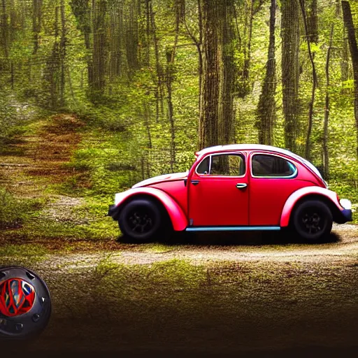 Prompt: promotional scifi - blockbuster movie scene of a ladybug imitating a'glossy volkswagen beetle '. it wings and is flying down a dusty backroad along a gentle creek in smokey mountains tennessee. cinematic, muted dramtic color, 4 k, imax, 7 0 mm, hdr