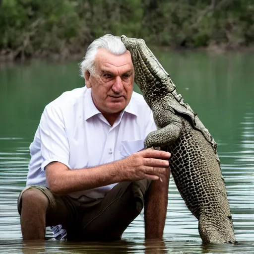 Prompt: Miloš Zeman with an alligator, movie still, 4k