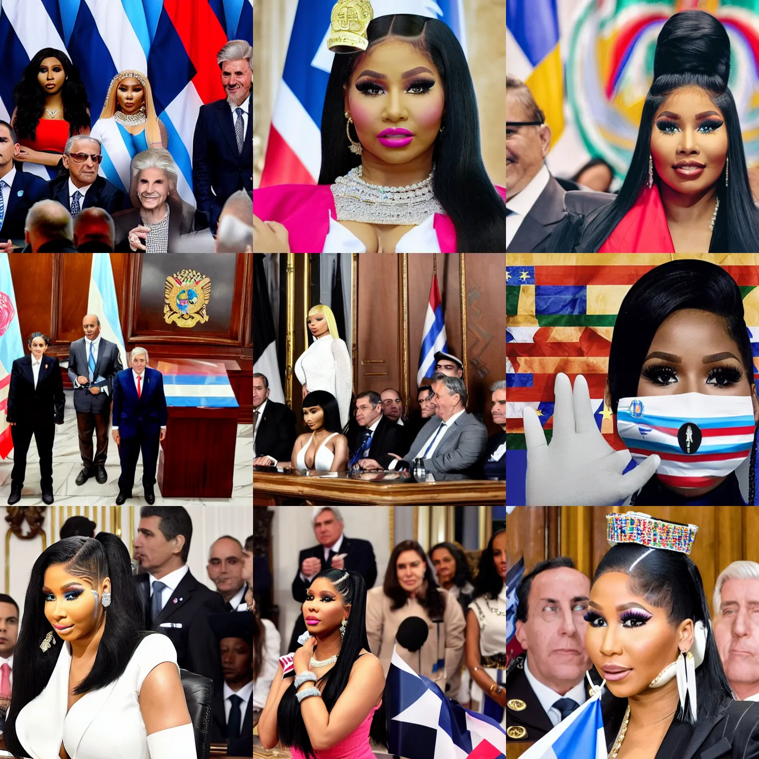 Image similar to Nicki Minaj as the president of Argentina, in the Argentine Congress, wearing presidential band, flags of Argentina behind, detailed picture