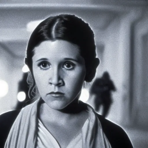 Image similar to film still of carrie fisher as a kid in new star wars movie, dramatic lighting, highly detailed face, kodak film, wide angle shot,