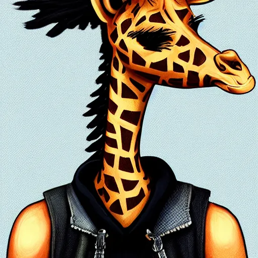 Image similar to Beautiful portrait digital painting, oil painting, anthro anthropomorphic giraffe androgynous , at a lake anarchist anarcho-punk Punk Punk outfit. furaffinity, artstation