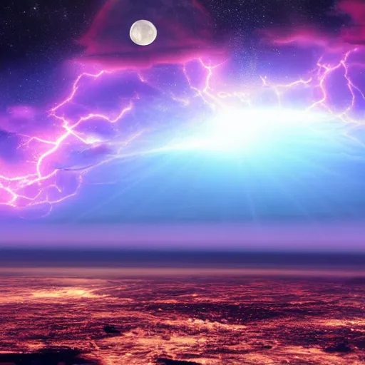 Prompt: moon with atmosphere seen from space lightning storm pink cinematic photorealistic very detailed