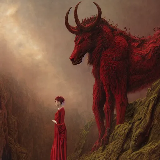 Prompt: a masterpiece! matte painting portrait of a scarlet - colored beast with seven ( 7 ) heads and ten ( 1 0 ) horns by gustave dore and stephen hickman and allen williams, trending on artstation, cgsociety, 8 k hd, earthtone colors, a cloaked woman riding the back of the beast