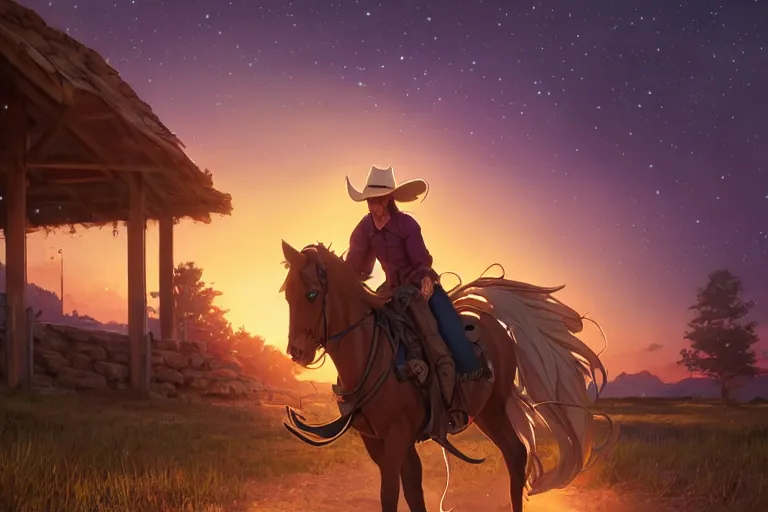 Prompt: western cowgirl, single subject, scenic full shot, ambient starry night lighting, detailed face, by makoto shinkai, stanley artgerm lau, wlop, rossdraws