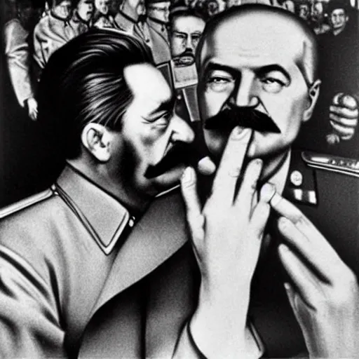 Prompt: Stalin and Lenin in gay-bar, Realistic contemporary Art photography