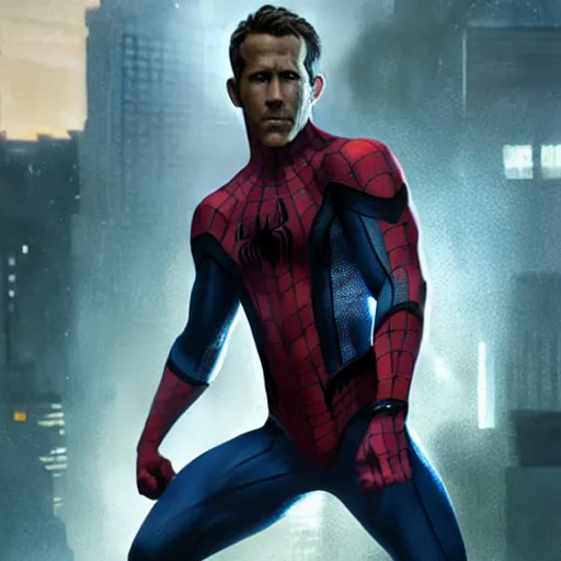 Image similar to ryan reynolds as spider - man, wearing a black and blue suit, cinematic, volumetric lighting, f 8 aperture, cinematic eastman 5 3 8 4 film, photorealistic by greg rutkowski, by stanley artgerm, by alphonse mucha