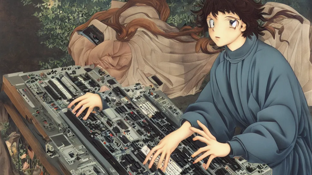 Image similar to cute anime boy with big eyes plays beats on roland sp 4 0 4, in style of sandro botticelli, 4 k, high resolution details,